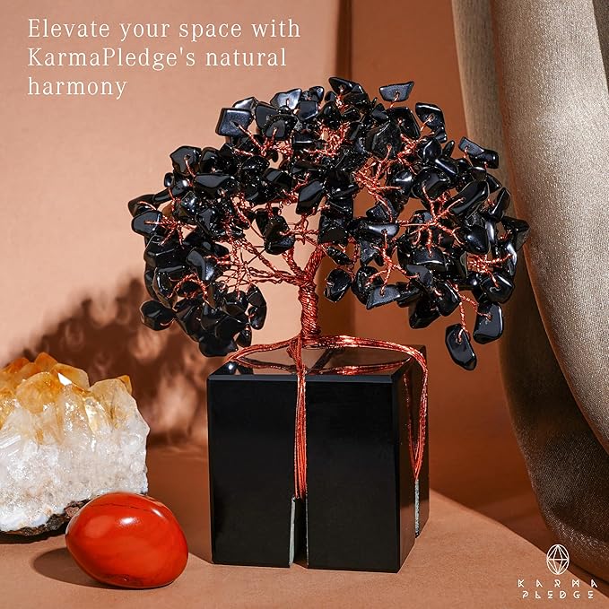 Crystal Tree of Life Feng Shui Decor for Home and Office, Blask Obsidian Chakra Healing Crystal Handmade Tree for Positive Energy, Money, Good Luck, Christmas Decor, Birthday Gifts for Women