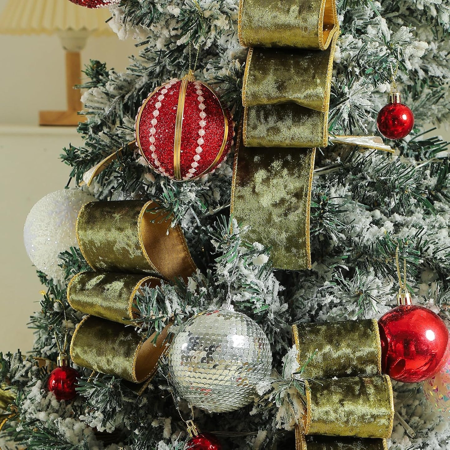 Olive Green Christmas Velvet Ribbon Wired (2.5" × 15 Yards) - Christmas Ribbon for Christmas Tree Decoration/Gift Wrapping/Crafts Wreaths Supplies