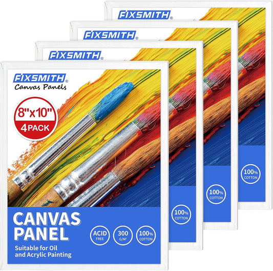 FIXSMITH Canvas Boards for Painting 8x10 Inch, Super Value 4 Pack Paint Canvases, White Blank Canvas Panels, 100% Cotton Primed, Painting Art Supplies