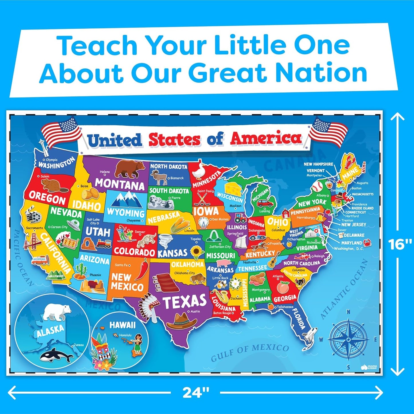 World Map Poster & Map of the United States For Kids - 2pc Set - 24” x 16” USA & World Map For Kids Waterproof Classroom Posters Must Haves - Classroom Decor Educational Posters For Toddlers 1-3