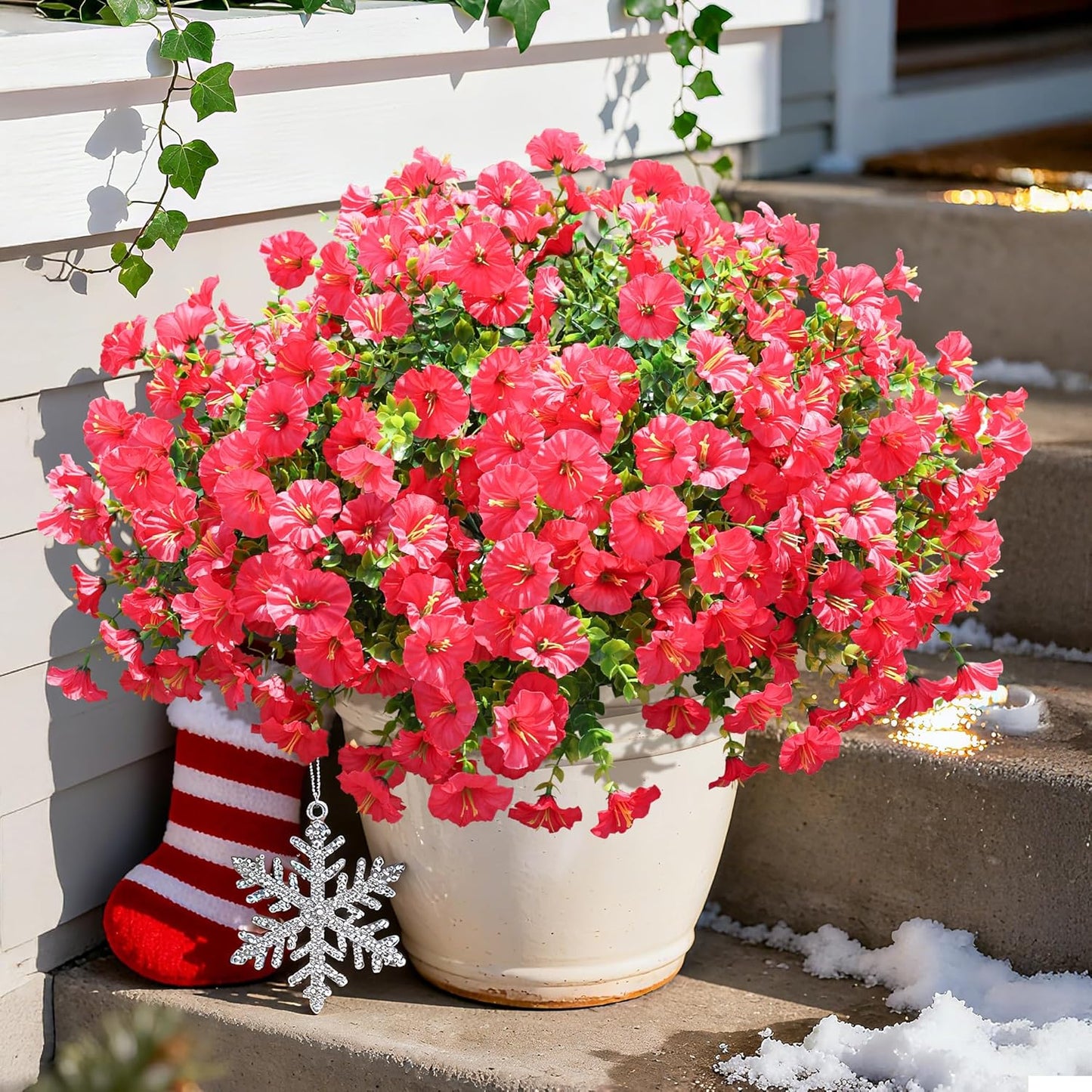 Fake Plants Artificial Flowers for Outdoor Outside Summer Decoration, 12 Bundles Faux Flowers Silk Hot Pink Morning Glory with Eucalyptus Look Real UV Resistant for Planter Front Door Porch Yard Patio