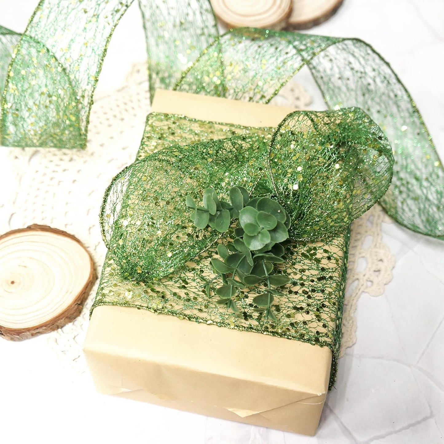 CT CRAFT LLC Sparkling Glitter Mesh Wired Ribbon 6" x 10 Yards Green for Christmas Home Decor Bow Gift Wrapping DIY Crafts Wreath