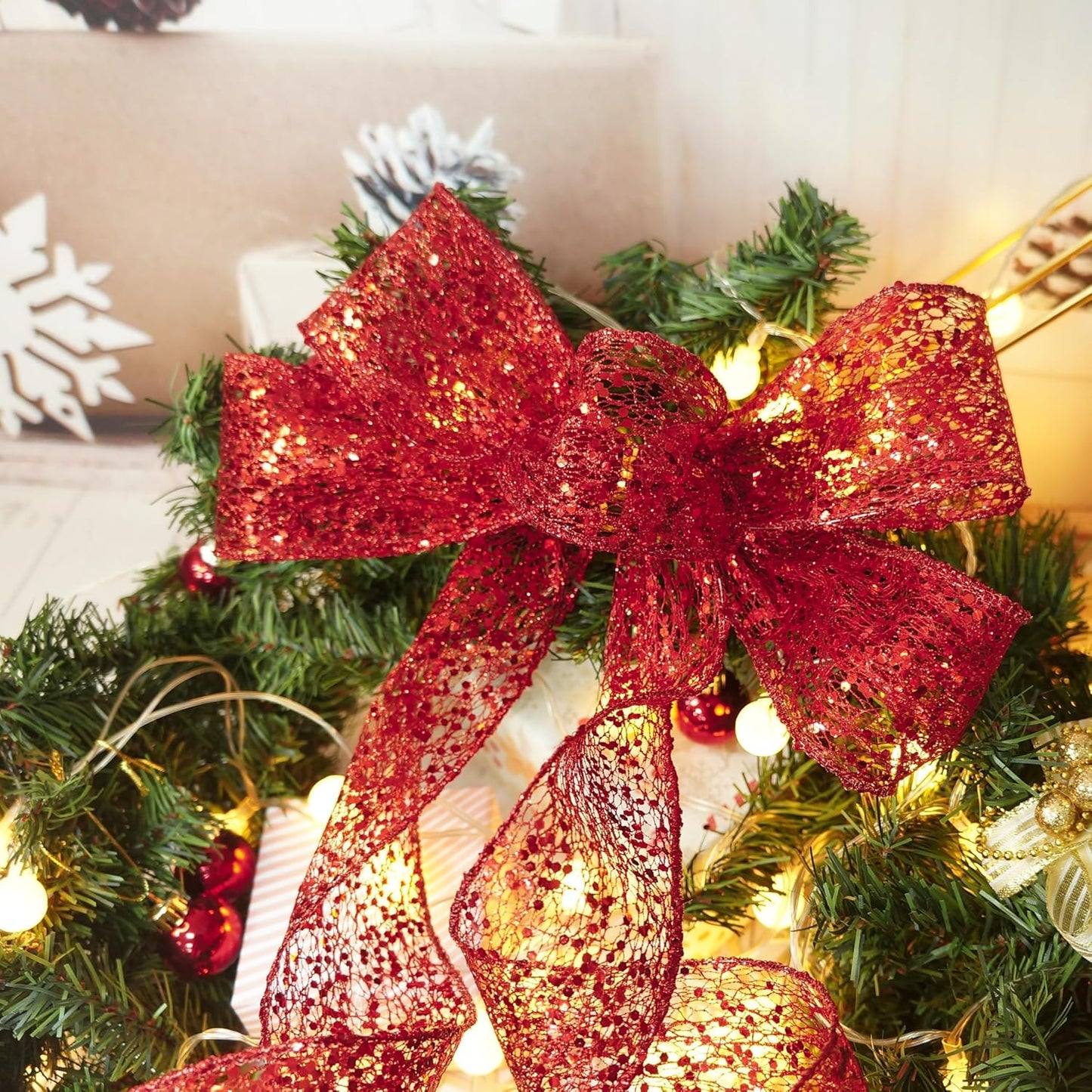 CT CRAFT LLC Sparkling Glitter Mesh Wired Ribbon 2.5" x 10 Yards Red for Christmas Home Decor Bow Gift Wrapping DIY Crafts Wreath