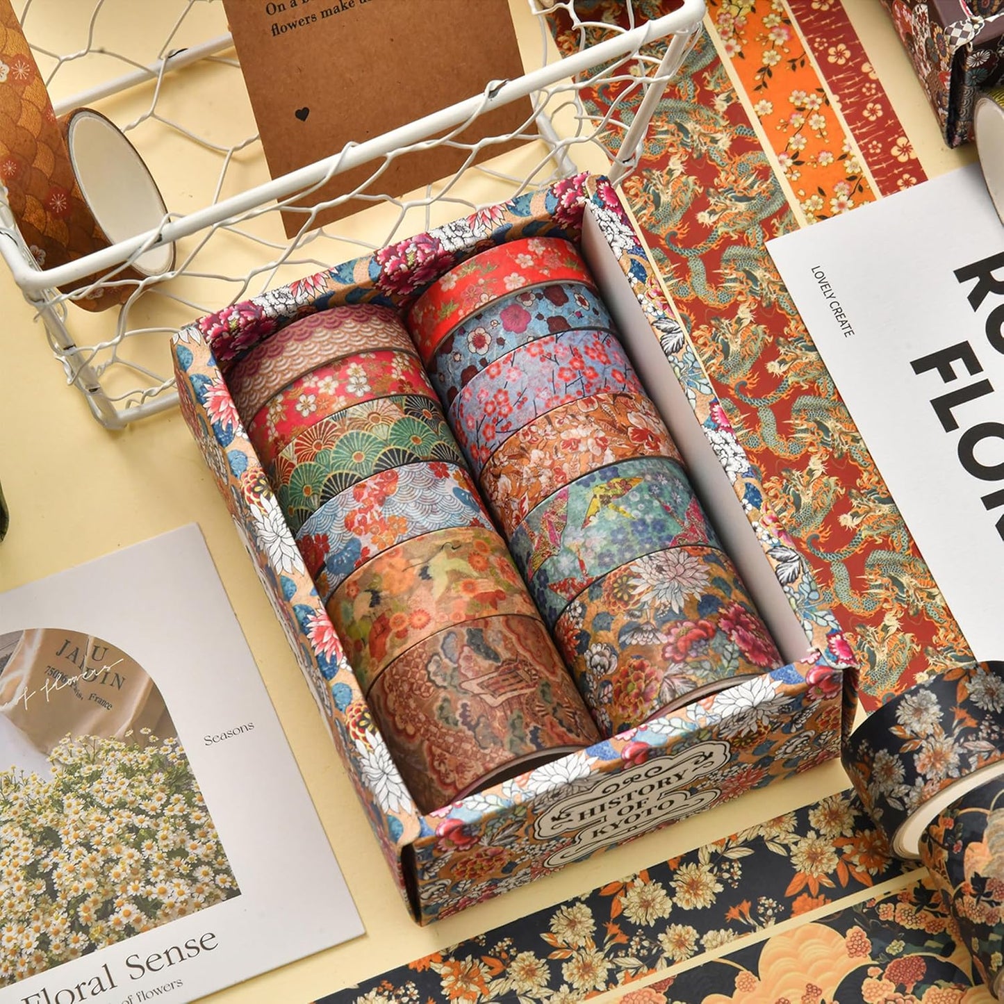12 Rolls Kyoto Charm Washi Tape Set Japanese Arts Adhesive Tapes Geometric Garden Decorative Masking Tape Sets for Craft, Kids, Scrapbook, DIY, Gift Wrapping (Incense & Fireworks)