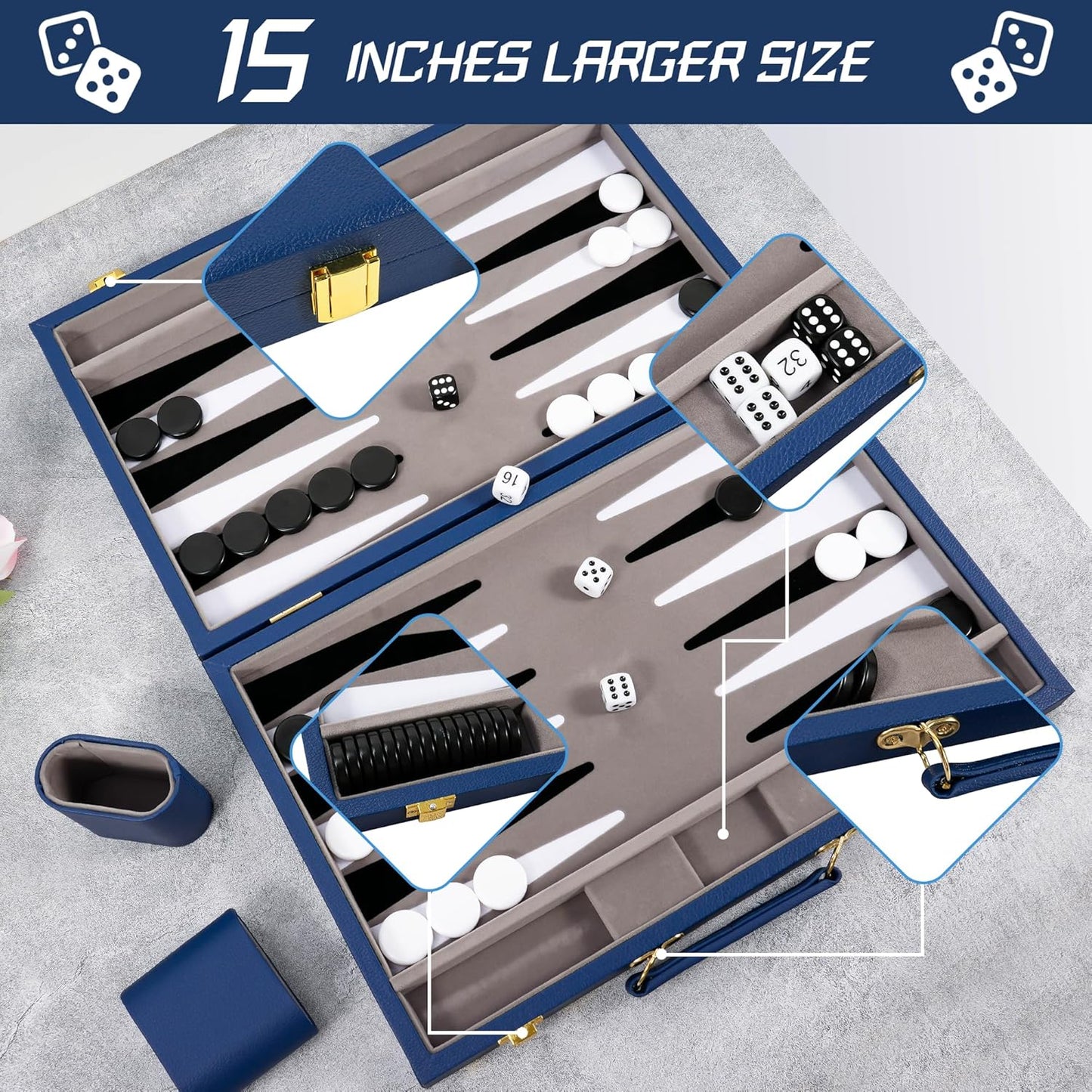 Froggod Travel Backgammon Sets for Adults – 15 Inch Premium Backgammon Set – PU Leather Case with Seamless Flocked Game Surface – Classic Board Games for 2 Player and Gift for Men(Dark Blue)