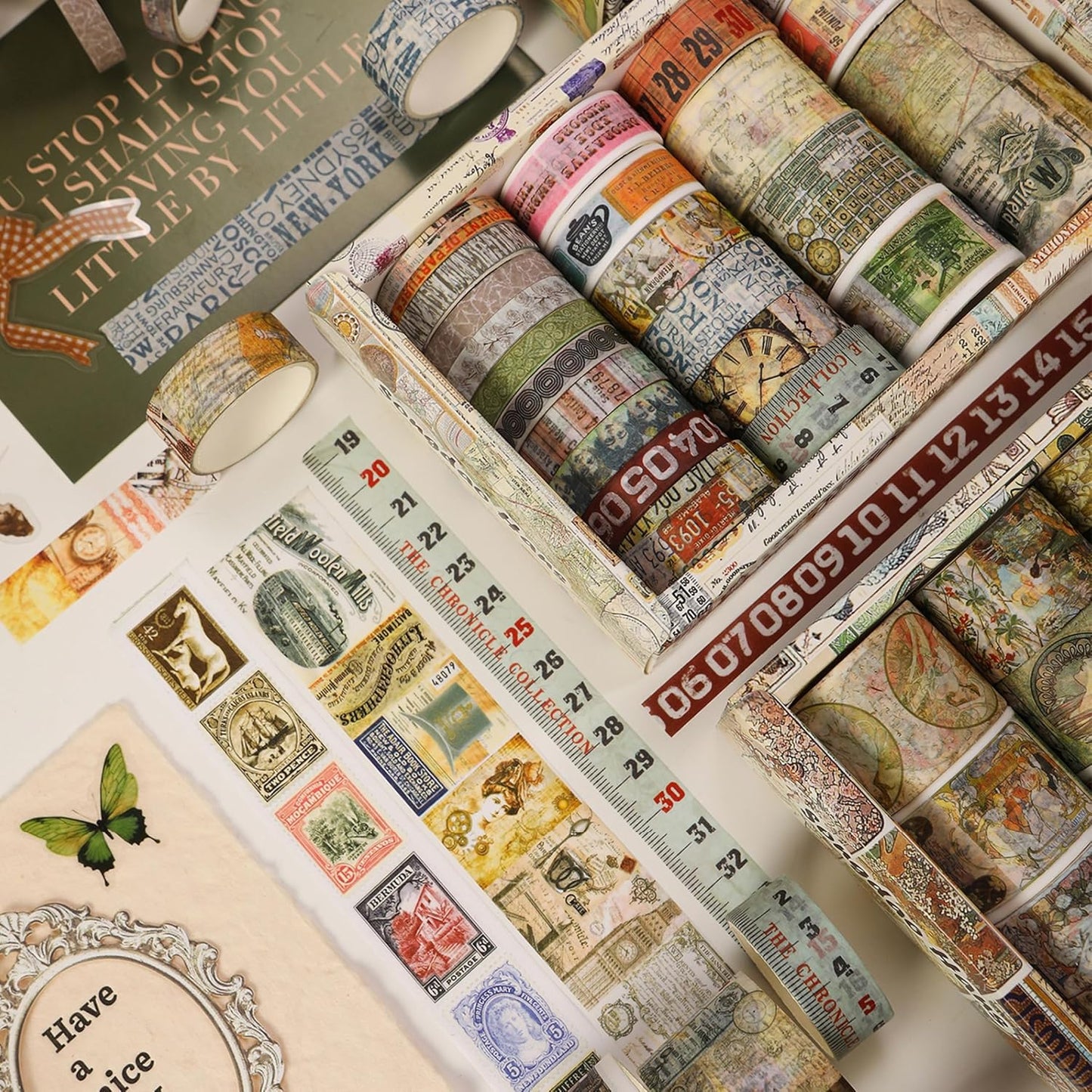 Vintage Washi Tape Set - 24 Rolls Arts Adhesive Tapes Assorted Retro Decorative Masking Tape Sets for Craft, Kids, Scrapbook, DIY, Gift Wrapping (2-Vintage Journey)