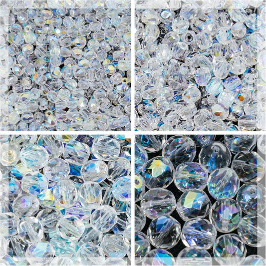 275 pcs Set of Czech Faceted Glass Beads, Fire-Polished Round Crystal AB - 3mm (100pcs), 4mm (100pcs), 6mm (50pcs), 8mm (25pcs) kit for Jewelry Making