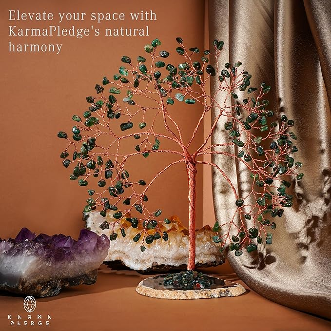 KARMAPLEDGE Crystal Tree Home and Office Decoration, Green Aventurine Healing Stones Handmade Crystal Decor Tree of Life for Positive Energy, Good Luck, Money and Spiritual Gifts for Women