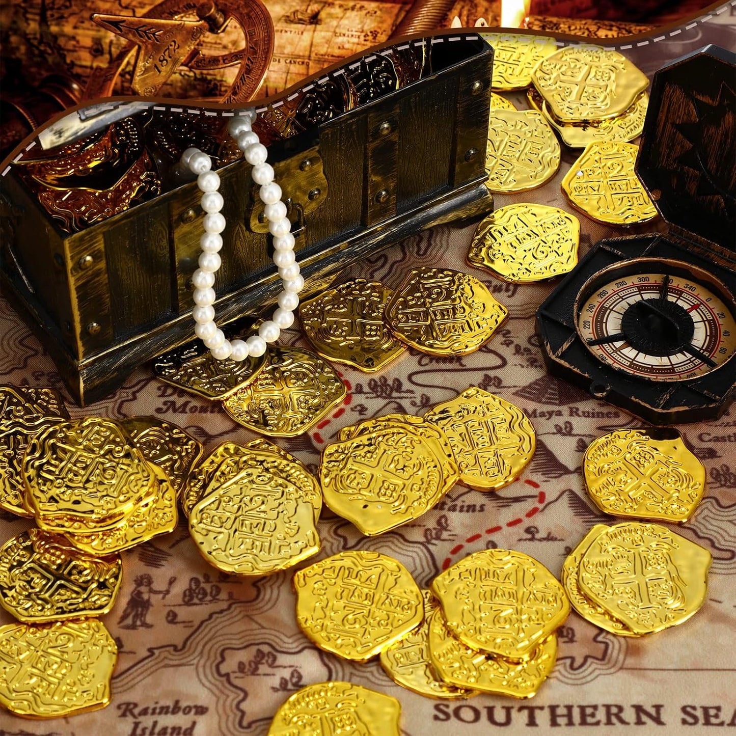 Hanaive 100 Pcs Pirate Coins Plastic Kids Fake Play Coins Replica Spanish Doubloons for Pirate Party Treasure Chest Board Games Tokens Toys Cosplay St. Patrick's(Gold)