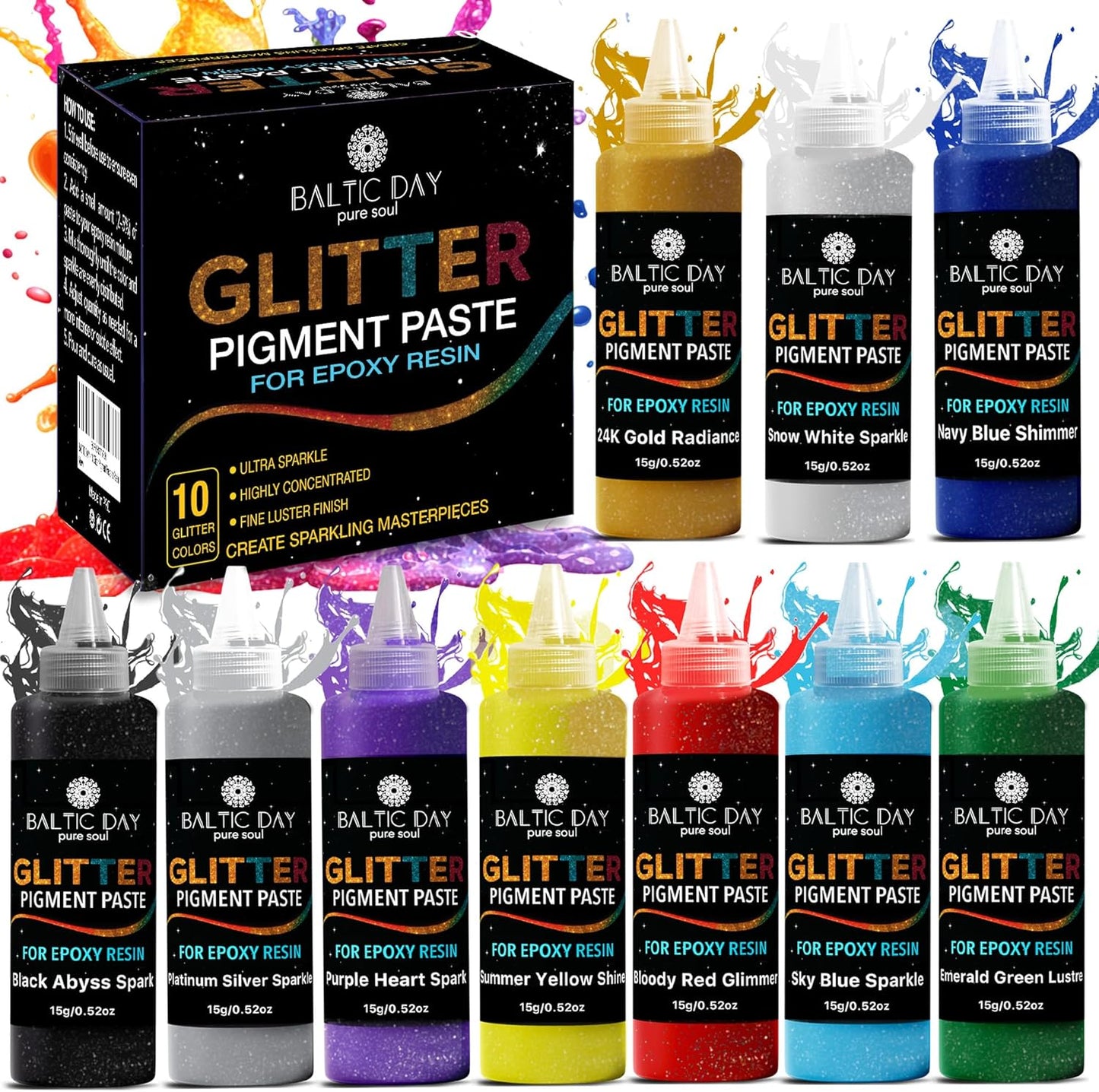 BALTIC DAY 10 Color Glitter Pigment Paste for Epoxy Resin, Mica Metallic Resin Pigment Set, Epoxy Colorant for Epoxy Art, Jewelry Making, Tumblers, Crafts & DIY Art Supplies Kit