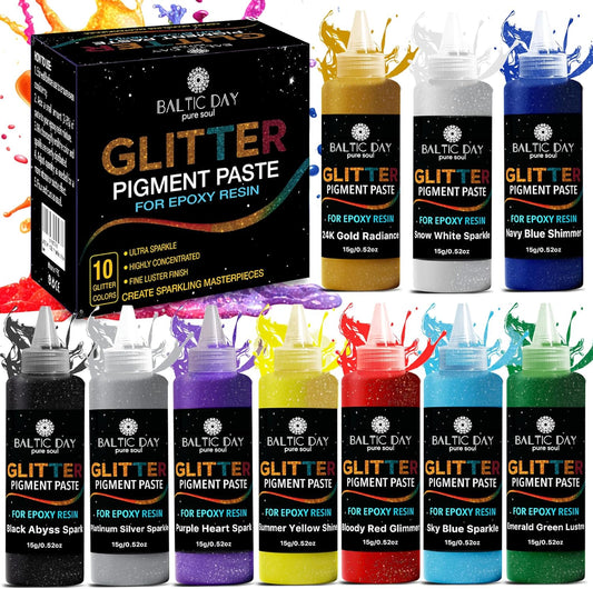 BALTIC DAY 10 Color Glitter Pigment Paste for Epoxy Resin, Mica Metallic Resin Pigment Set, Epoxy Colorant for Epoxy Art, Jewelry Making, Tumblers, Crafts & DIY Art Supplies Kit