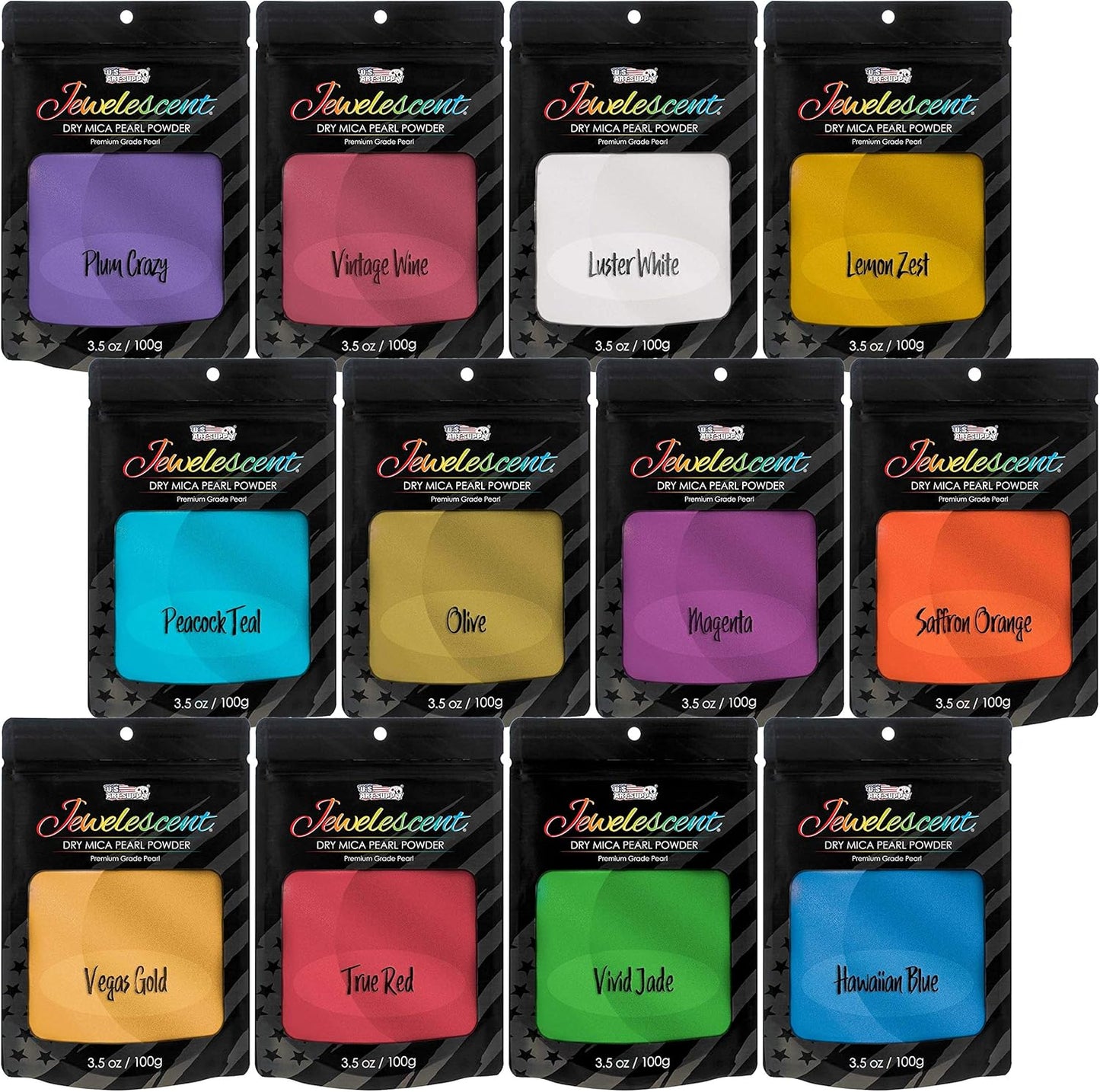 U.S. Art Supply Jewelescent Mica Pearl Pigment Powder Kit, 12 Deluxe Colors, 3.5 oz (100g) Pouches - Cosmetic Grade, Epoxy Resin Color Pigment, Mica Powder for Resin, Soap, Slime, Candle Dye, Art