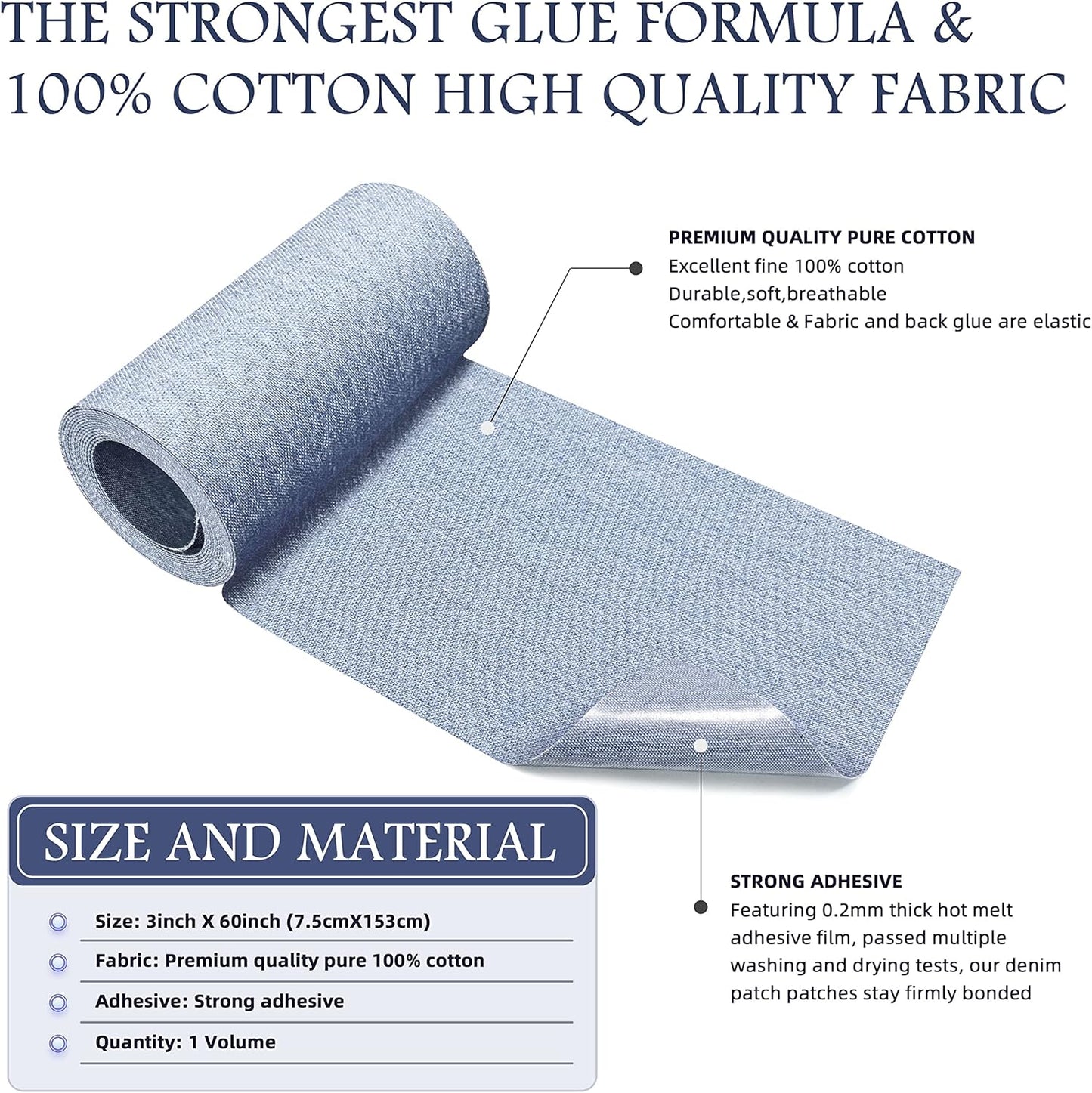 KING MOUNTAIN Iron-on Repair Patch,3"x60"100% Cotton Denim Iron-on Repair Patch, Jeans and Clothing Repair and Decoration Kit (Light Blue)