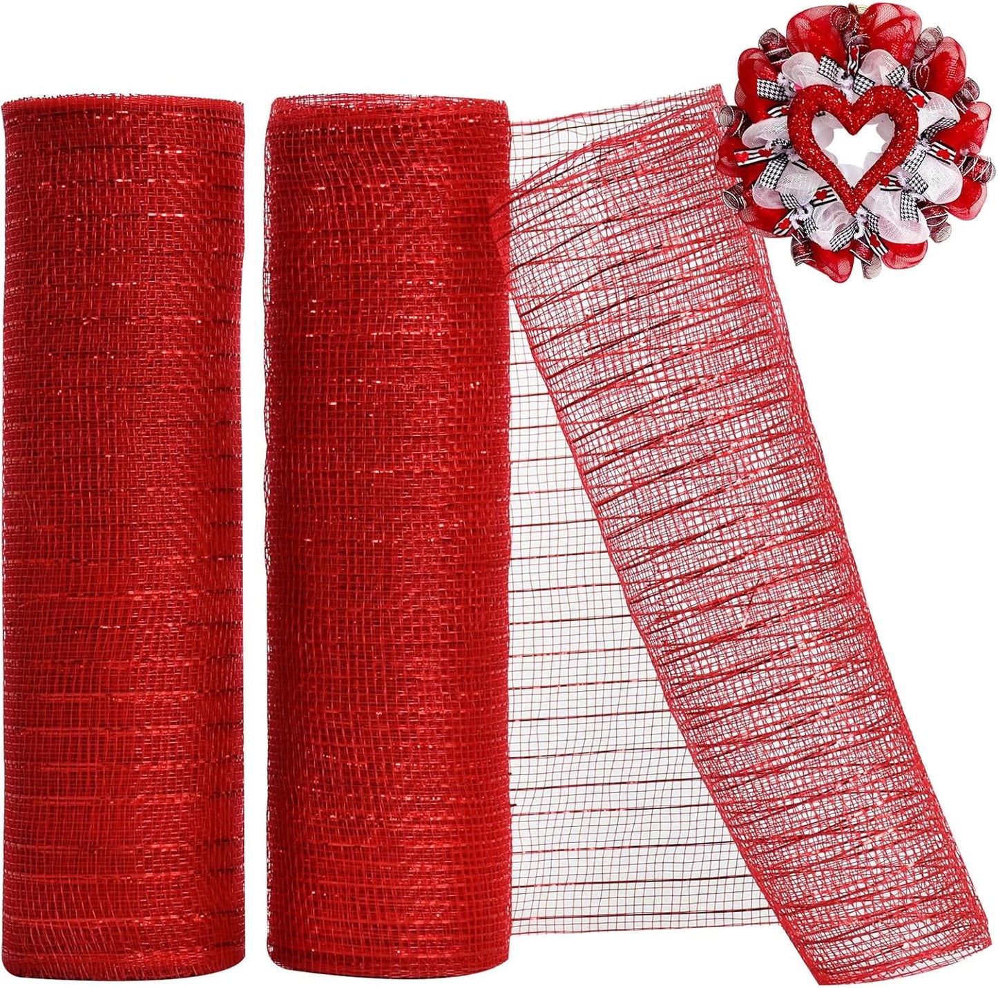 TONIFUL 2 Rolls 10 Inch Red Decorative Mesh Ribbbon Rolls, Fabric Mesh with Foil for Wreath Supplies, Front Door Wreath Crafts Tree Decor Christmas NewYears Halloween Decoration (10 yds/roll)