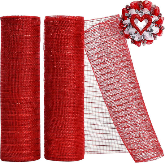 TONIFUL 2 Rolls 10 Inch Red Decorative Mesh Ribbbon Rolls, Fabric Mesh with Foil for Wreath Supplies, Front Door Wreath Crafts Tree Decor Christmas NewYears Halloween Decoration (10 yds/roll)