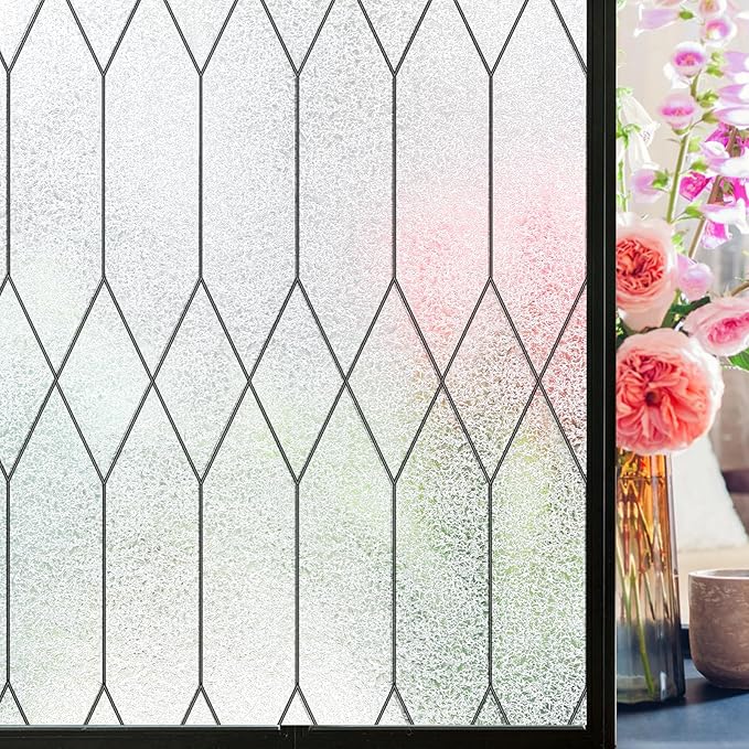 Windimiley Window Privacy Film Stained Glass Static Clings, Bathroom Frosted Leaded Decorative Window Stickers, UV Heat Blocking Opaque Removable for Home Door Coverings (23.6 x 394 in,Pure)