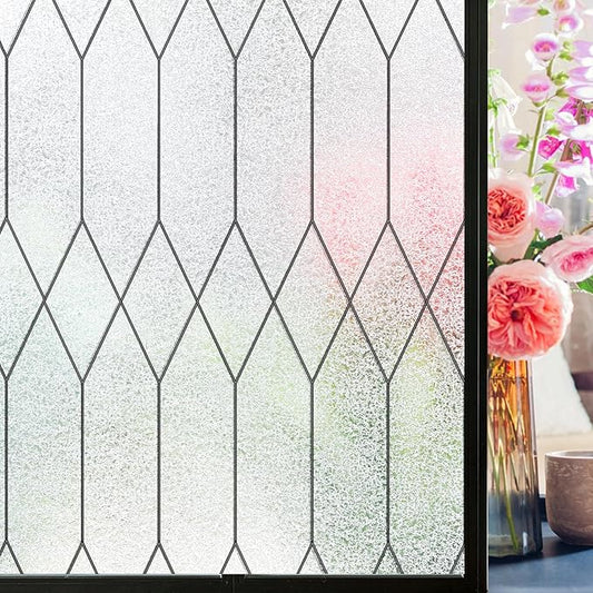 Windimiley Window Privacy Film Stained Glass Static Clings, Bathroom Frosted Leaded Decorative Window Stickers, UV Heat Blocking Opaque Removable for Home Door Coverings (29.5 x 157.5in,Pure)