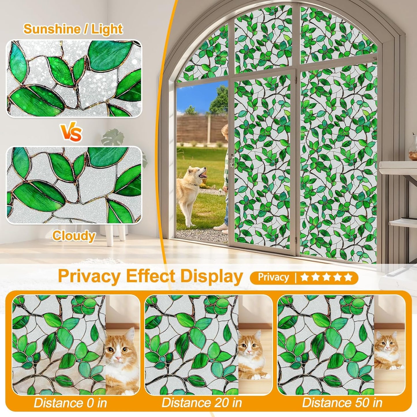 Window Privacy Film Stain Glass Window Film Rainbow Window Film Window clings Non-Adhesive Reusable Decorative for Room (Frosted Greenery Leaf, 35.4 x 78.7 in)