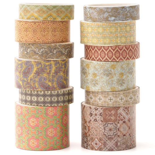 12 Rolls Exotic Charm Washi Tape Set Floral Arts Adhesive Tapes Geometric Garden Decorative Masking Tape Sets for Craft, Kids, Scrapbook, DIY, Gift Wrapping (Gilded Radiance)