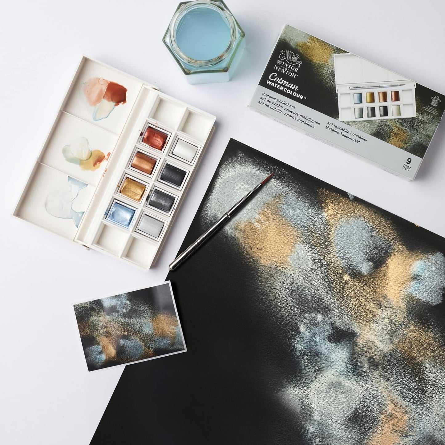 Winsor & Newton Cotman Watercolor Paint Set, 8 Half Pan, Metallic Colors w/ Brush