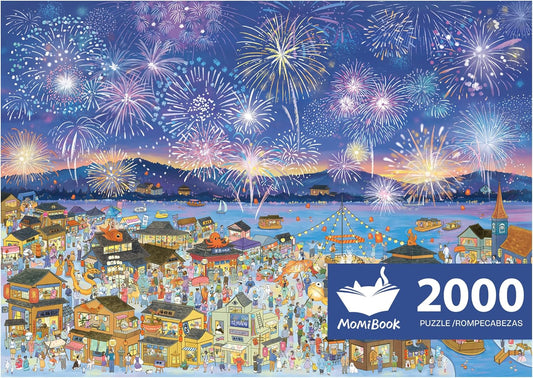 MOMIBOOK Puzzles for Adults 2000 Pieces Jigsaw Puzzles of Fireworks Night Tour, Colorful Powder Painting Image Chinese Twon Challenging Hard Impossible Puzzle Unique Party Christmas Birthday Gifts
