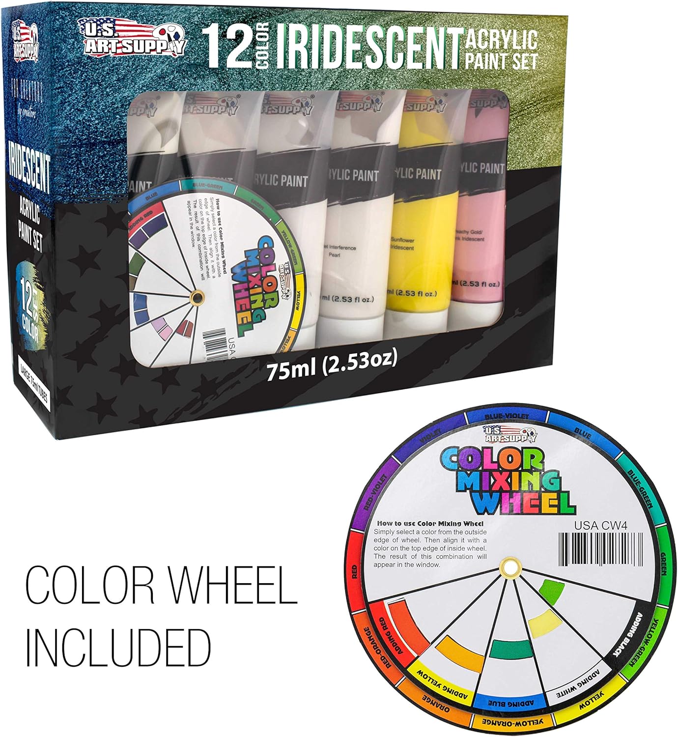 U.S. Art Supply 12-Color Iridescent Acrylic Paint Set Large 75ml Tubes - Luminescent, Chameleon, Color-Shifting Pearl Colors, Crafting Paints - Iridescent Paint Acrylics for Canvas, Wood, Rock, Paper