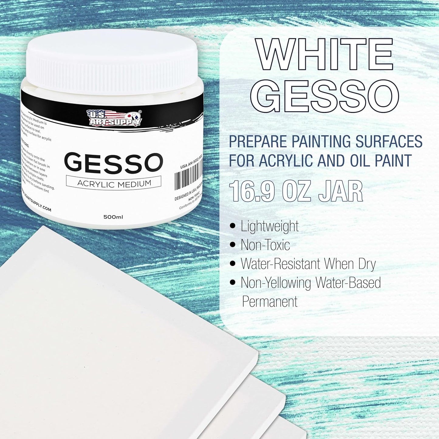 U.S. Art Supply White Gesso Primer - 16.9oz (500ml) for Oil & Acrylic Paint - Superior Coverage, Canvas Prep, Mixable White Gesso Paint Artists