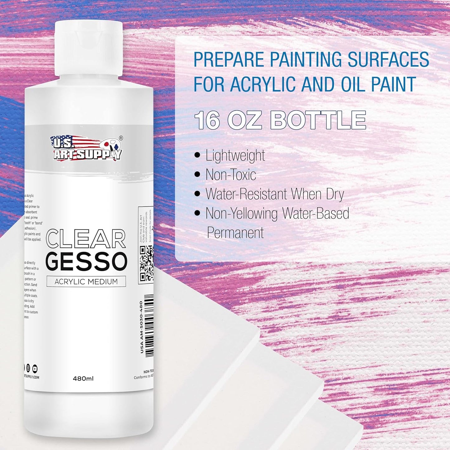 U.S. Art Supply Clear Gesso Primer (16oz) for Oil & Acrylic Painting - Enhances Blending & Canvas Paint Prep - Mixable Clear Gesso Primer for Acrylic Painting