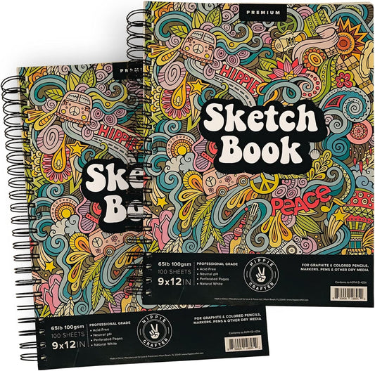Marker Sketch Book Pack, 9 x 12 Inches Spiral-Bound Sketchpad, 2 Pads, 100 Sheets, 65lb Paper for Drawing and Markers, Ideal for Adults and Artists