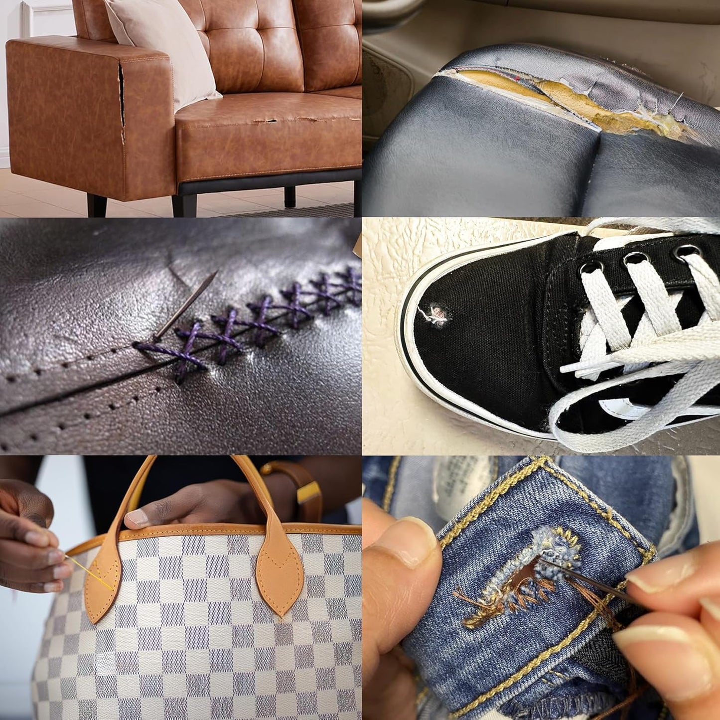 VONEEDL Heavy Duty Sewing Needles (11 PCS) & Waxed Thread (2 Black and 2 Grey Colors) - Upholstery Repair Kit for Leather, Canvas, Quilting & More