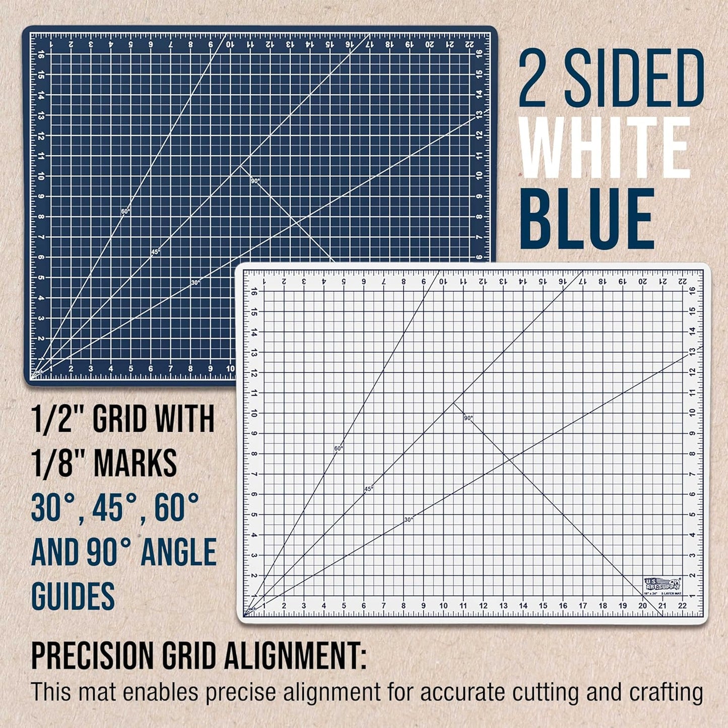 U.S. Art Supply 18" x 24" Self-Healing Cutting Mat 5-Ply - Double-Sided White/Blue Craft Mat, Non-Slip Cutting Mats for Crafts, Sewing, Quilting, Scrapbooking