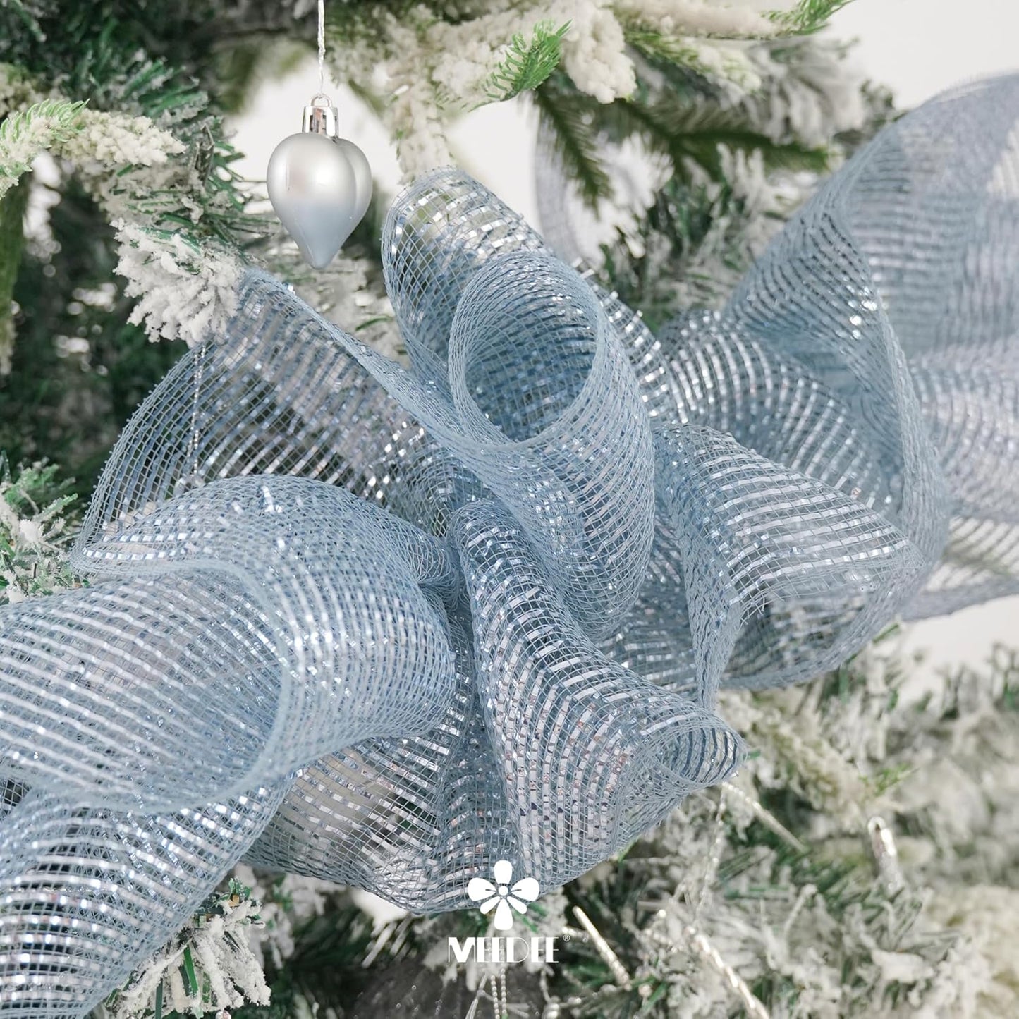 MEEDEE Silver Deco Mesh 10 Inch Deluxe Wide Foil Metallic Pull Up Decorative Ribbon for Christmas Tree, Wreaths, Garland, Gift Wrapping, Bows Making (30 Feet)