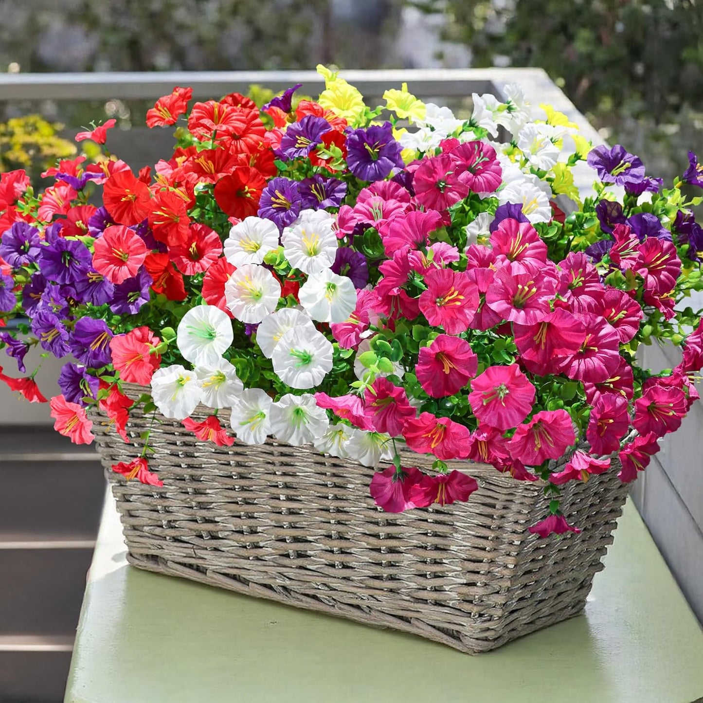 Artificial Flowers Fake Plants for Outdoors Decoration, 12 Bundles Silk Morning Glory with Eucalyptus Realistic UV Resistant Faux Flowers for Outside Planter Porch Yard Patio Garden Home Indoor, Mix