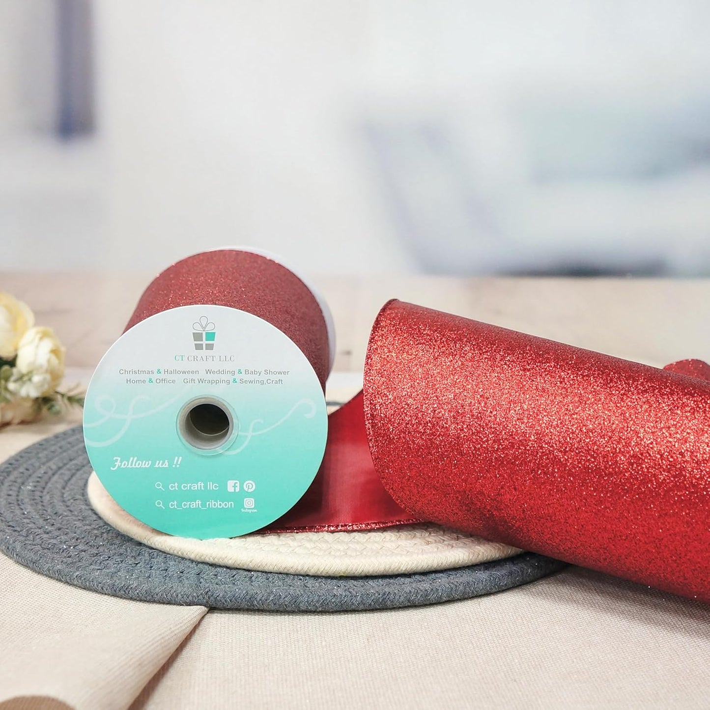 CT CRAFT LLC Glitter Wired Ribbon 6" x 10 Yards Red for Christmas Home Decor Bow Gift Wrapping DIY Crafts Wreath