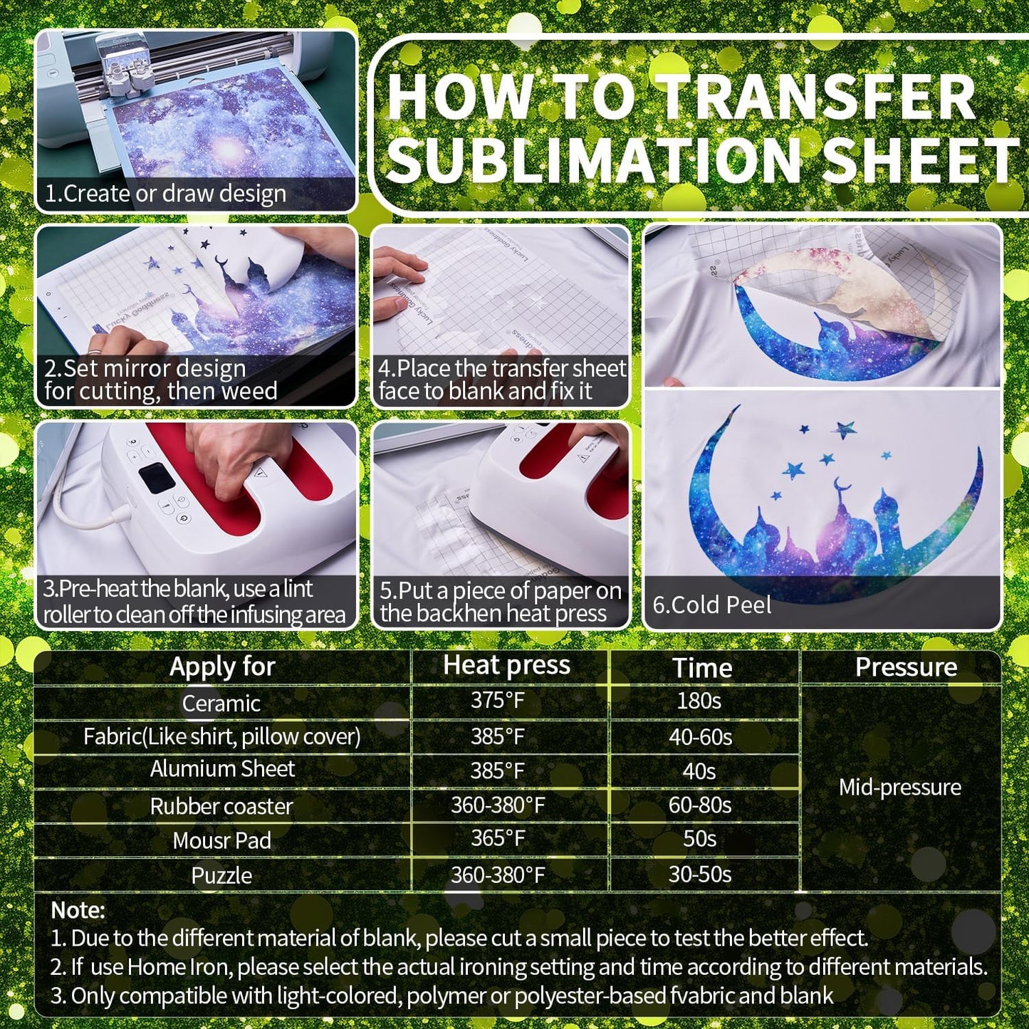 Green Glitter Sublimation Transfer Sheets for Heat Press Machine,12x12 Inch Sublimation Transfer Paper for Heat Press Machine, 8 Sheets