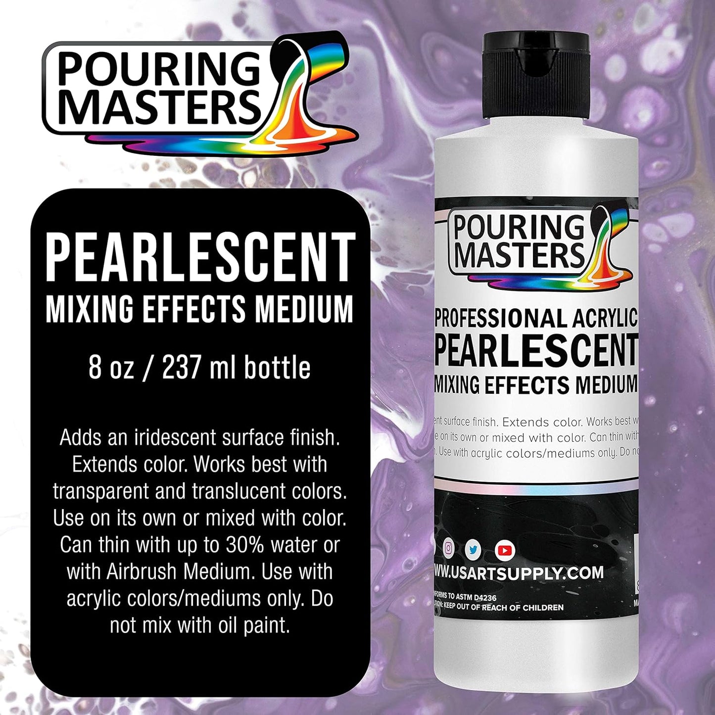 Pouring Masters 8 Oz Acrylic Pearlescent Effects Medium - Creates Pearl Iridescent Metallic Shimmer for Fluid Art & Acrylic Painting