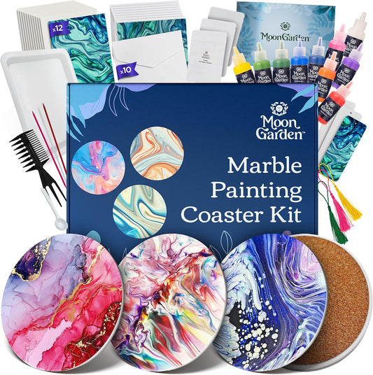 MoonGarden Marble Painting Coaster kit - Marble Painting Kit for Adults - 12 Color Paints, Ceramic Coasters, Bookmark Paper and Cardstock Paper - Relaxing and Creative DIY Activity
