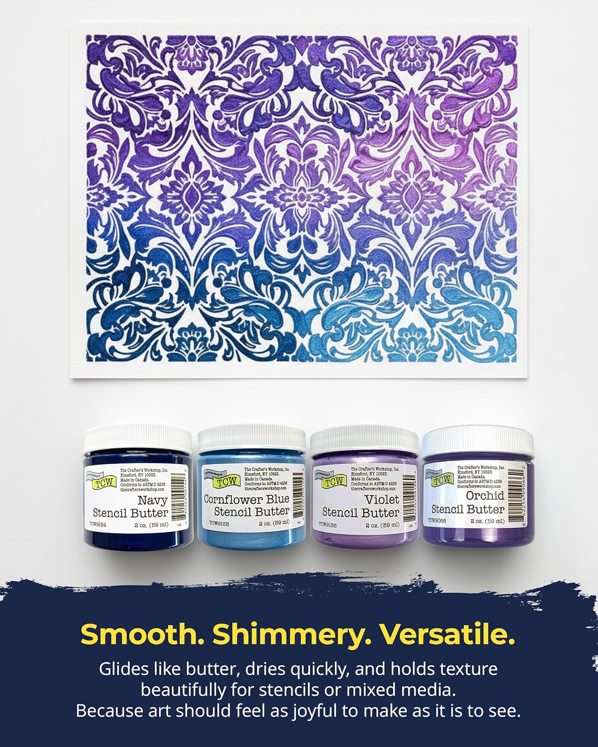 The Crafter's Workshop Stencil Butter Medium, Easy-to-Spread, Adds Shimmer, Shine and Colorful Texture, Cleans Up with Water, 4 pk, 2-oz each, Blueberry Meadow