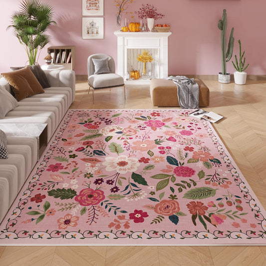 Rugcomf Living Room Rug 5x7 Rug Machine Washable Boho Area Rug Non Slip Floral Vintage Low Pile Large Rugs for Living Room, Bedroom, Farmhouse, Dining Room, Kids Playroom(Pink)
