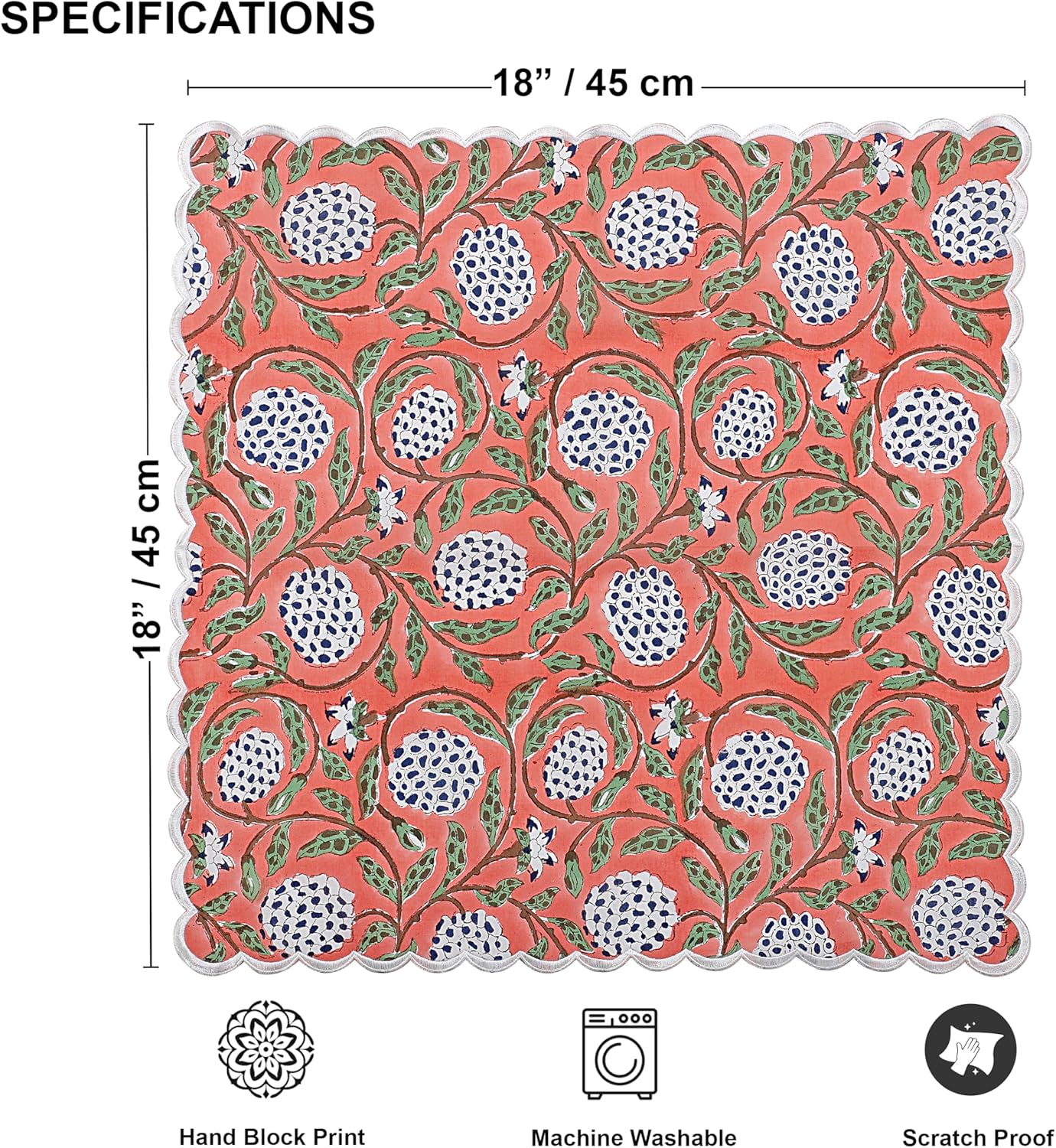 Ridhi Dark Salmon Pink Hand Block Print Napkins 18" x 18" Set of 4 Reusable Cotton Dinner Napkins for Weddings, Parties & Everyday Dining, Thanksgiving, Christmas, Fall