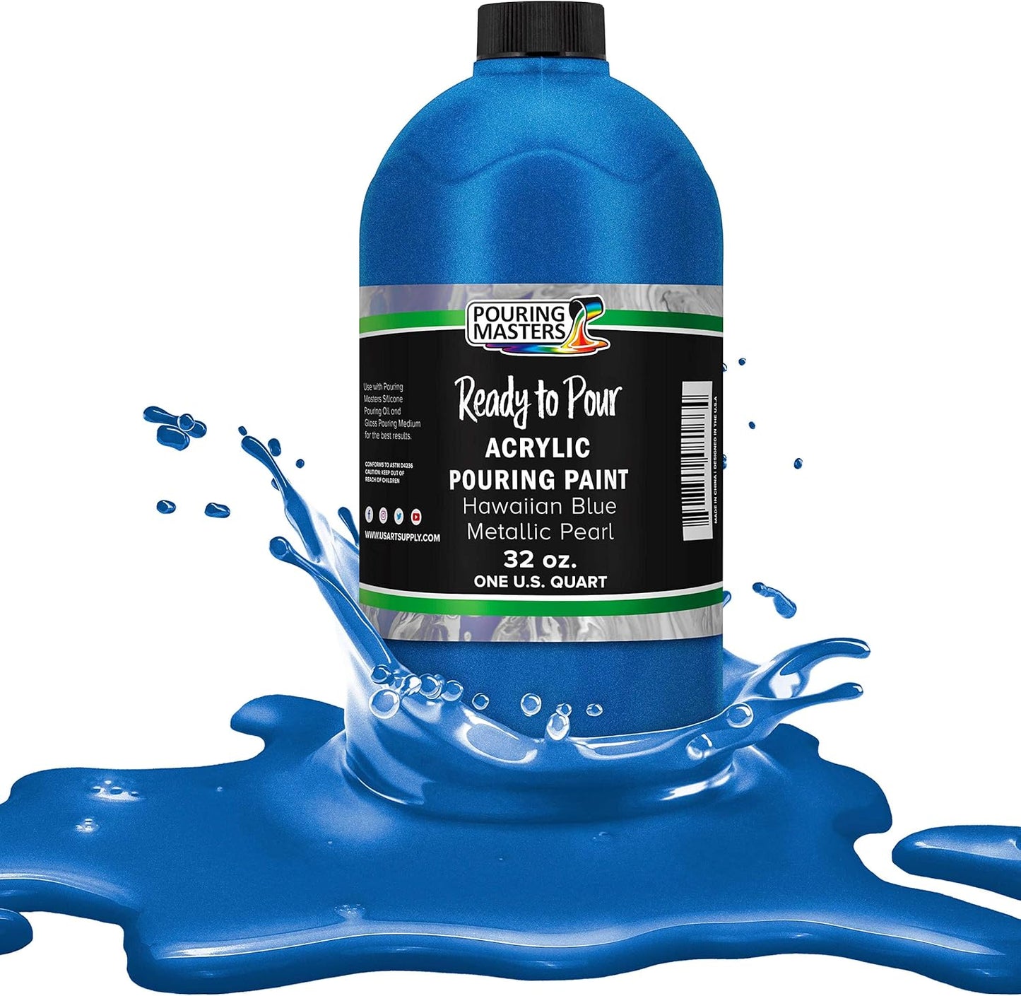 Pouring Masters Hawaiian Blue Metallic Pearl Ready to Pour Acrylic Pouring Paint - Premium 32-Ounce Pre-Mixed Fluid Acrylic Paint - Fluid Art Supplies for Canvas, Wood, Paper, Tile & Rocks