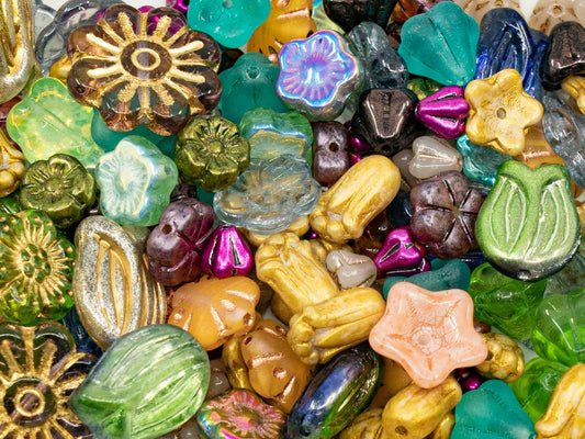 1.4oz (40g) Summer Mix of Small Czech Glass Flower Beads, Hand Made Set Kit, Bell Flower Beads, Tulip Beads, Bud Beads