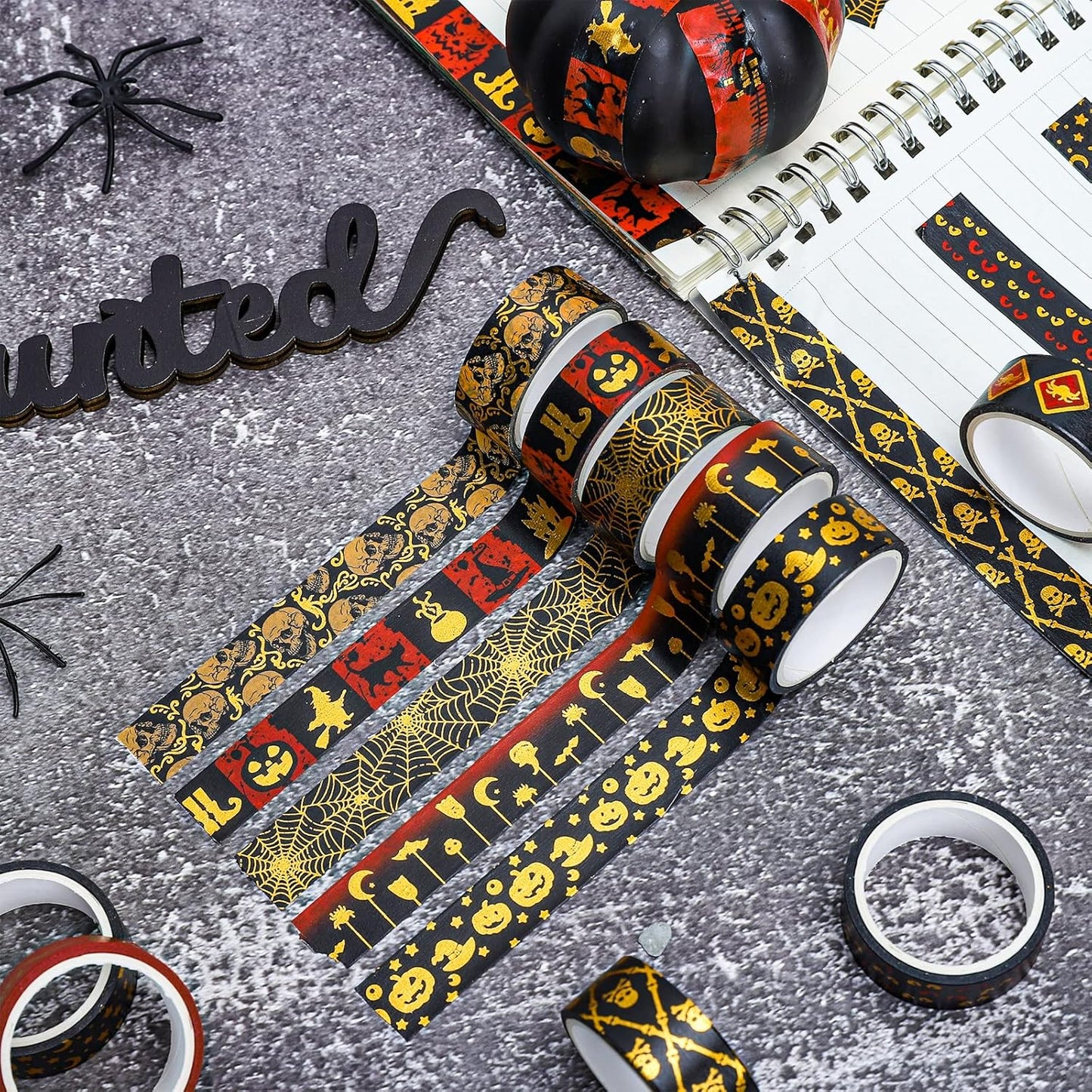 Whaline 12 Rolls Halloween Washi Tapes Red Black Foil Gold Decorative Tapes Skull Spider Web Pumpkin Pattern Masking Tapes for Halloween Scary Scrapbook Journal DIY Craft Gift Wrapping, 9.8Ft