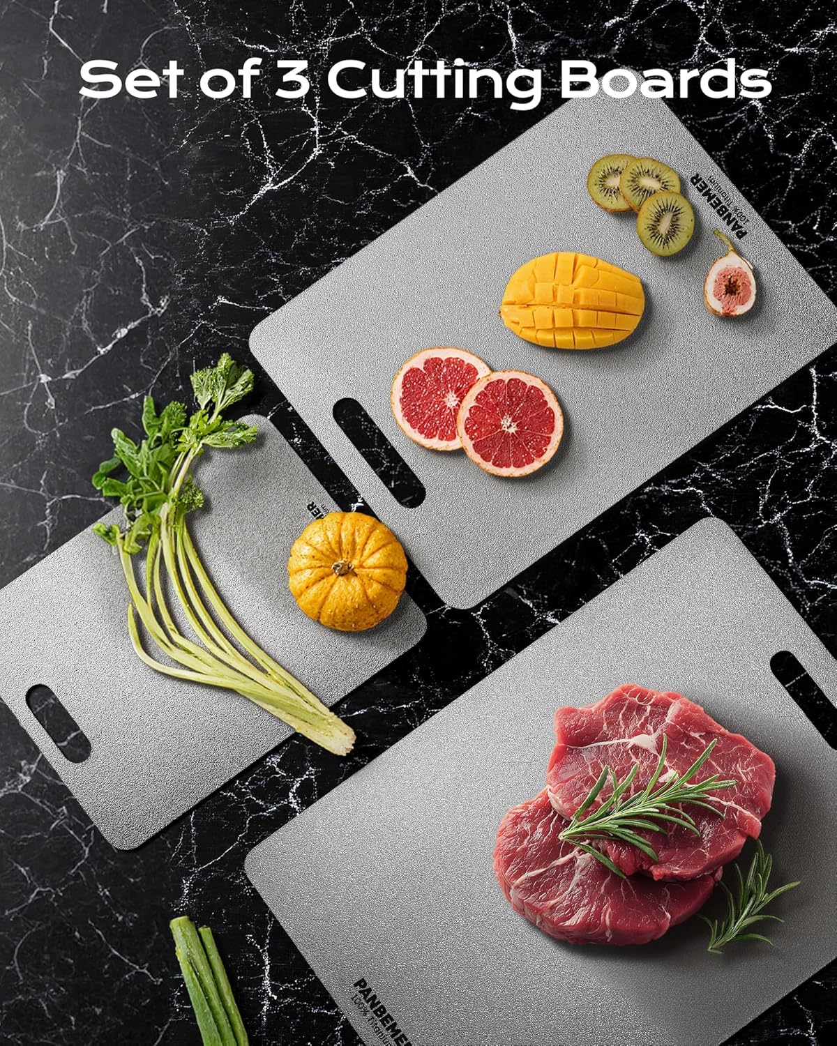 Titanium Cutting Boards for Kitchen, Set of 3 Food Grade 100% Pure Titanium Double-Sided Chopping Boards, Non-Toxic, Dishwasher Safe, Easy to Clean – 10", 12", 16"