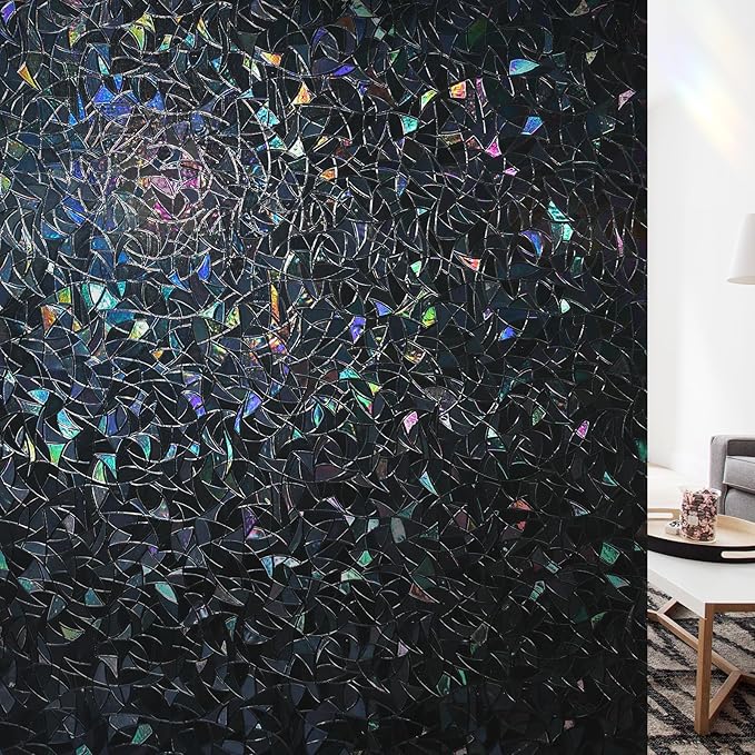 LUTE Black Out Window Film, Sun Light Blocking Window Film for Room Darkening Day Sleep, 100% UV Blocker Stained Glass Blackout Cover, Rainbow Black Out Shades Tint for Home, 35.4" x 157.4"