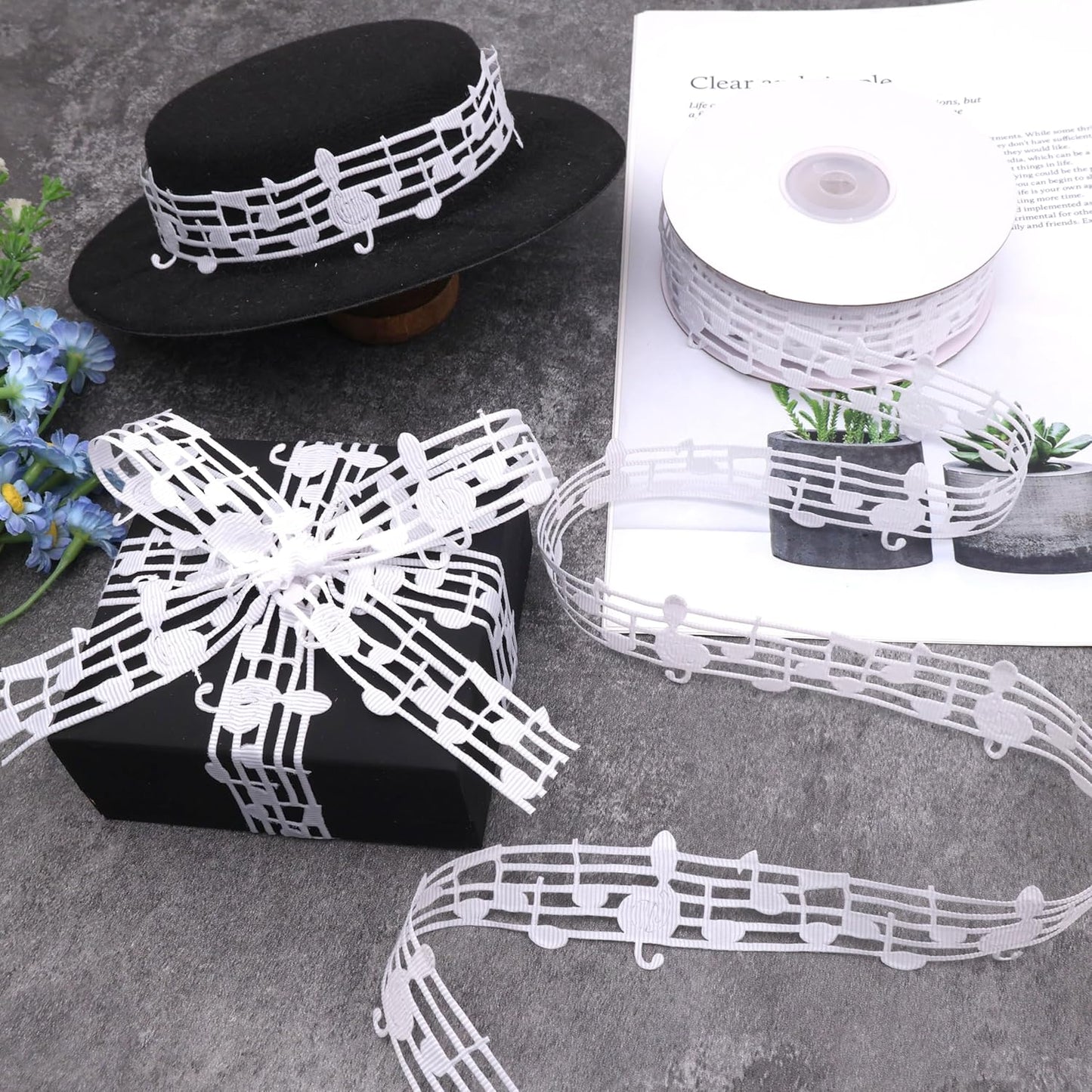 White Music Note Ribbon Grosgrain Ribbon Notation Craft Music Accessories Trim for Homecoming Mum Supplies Christmas (20 Yards/Roll)