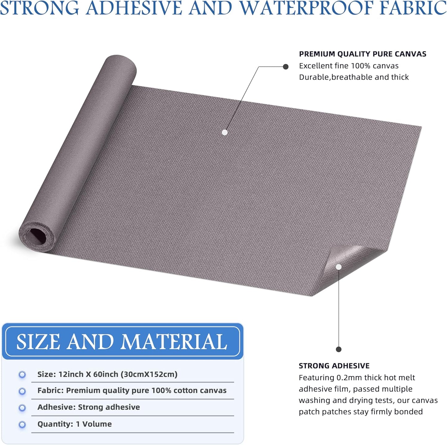 KING MOUNTAIN Canvas Iron on Patch,12"×60",Waterproof 100% Cotton Fabric Repair Patch,Used for Various Sofa,Tent,Clothes,Seats,Suitcases (Light Gray,Waterproof)