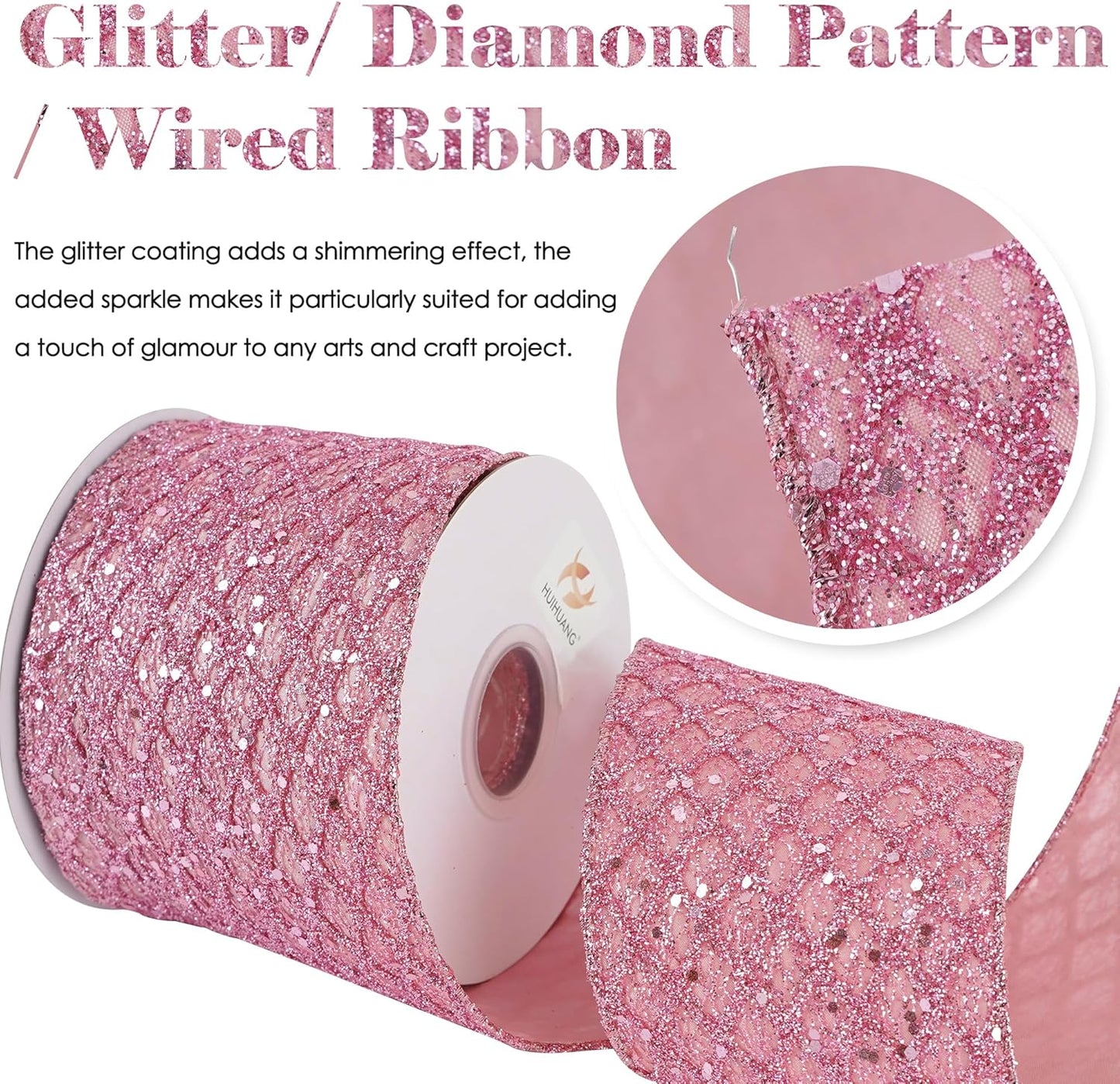 HUIHUANG Pink Wired Christmas Ribbon 4 inch Light Pink Glitter Wired Ribbon Diamond Mesh Wire Ribbon for X-mas Tree Decorations, Wreaths, Garland, Large Bows Making, Home Decor -10 Yards