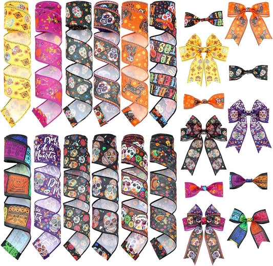 12 Rolls 60 Yards Day of The Dead Wired Edge Ribbons Black Purple Sugar Skull Flower Burlap Ribbon Dia De Los Meurtos Ribbon for Halloween Party DIY Craft Wreath Decor