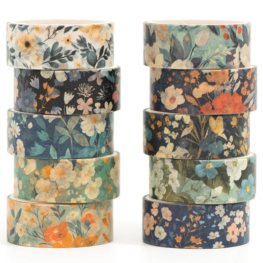 10 Rolls Blooming Flowers Washi Tape Set Floral Arts Adhesive Tapes Colorful Garden Decorative Masking Tape Sets for Craft, Kids, Scrapbook, DIY, Gift Wrapping (6-Silence)